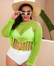 Load image into Gallery viewer, Neon Green Fringe Crop Cover Up