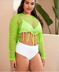 Neon Green Fringe Crop Cover Up